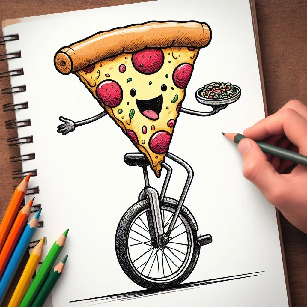 Draw a bicycle riding a unicycle while balancing a pizza on its handlebars